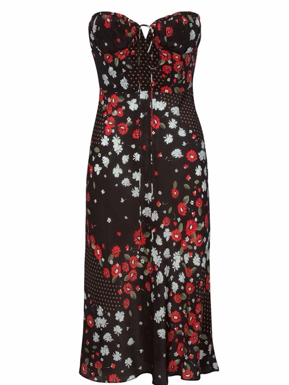 Realisation Par Black SilkStrapless Floral Midi Dress with Red and White Flowers